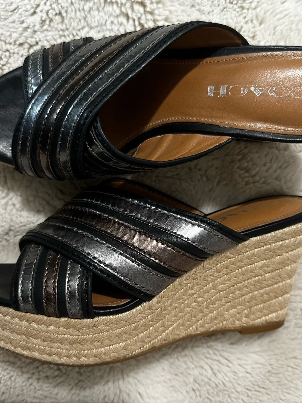 Coach Black and Brown Striped Espadrille Wedge Slide